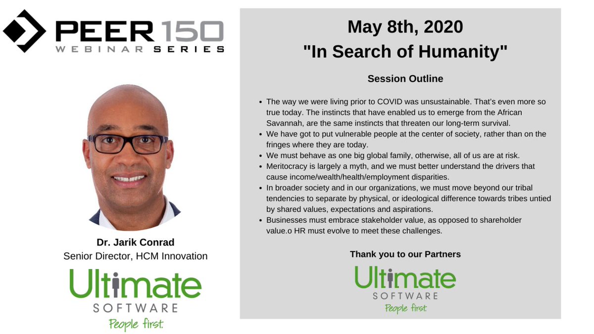 The next <a href="/ThePeer150/">Peer 150</a> Webinar Series is taking place this Friday. We will have a conversation with Dr. Jarik Conrad focused on the importance of genuine human connection as we continue to adhere to social distancing &amp; manage feelings of isolation.

lnkd.in/gHcExWQ