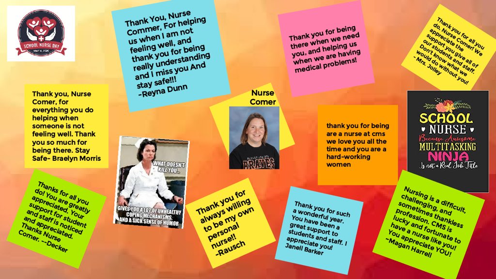 ClarkMSBraves's tweet photo. CMS staff and students want to extend a special thank you to Nurse Comer!  “Your compassion, optimism, and kindness do not go unnoticed. We appreciate you!” Happy Nurse's Day!  Please accept our air hugs to you through our thank yous we created on #Jamboard! #204BravesPride https://t.co/rzN6qCZgI0
