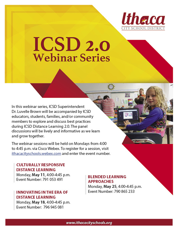 This month, Superintendent @luvelleb will host ICSD educators, students, families, and community members in a series of webinars to explore and discuss distance learning best practices. The sessions will be held on Mondays from 4:00-4:45 p.m. via Webex. facebook.com/events/2378043…