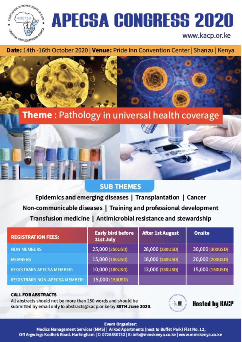 DrAhmedKalebi's tweet photo. APECSA Congress 14th - 16th October 2020 at Pride Inn Convention Center in Shanzu - Mombasa Kenya.
The Biennial Congress of the Association of Pathologists of East, Central and Southern Africa #APECSA is for over 20 years the largest multinational pathology meeting in Africa https://t.co/Ncf0fr9VVJ