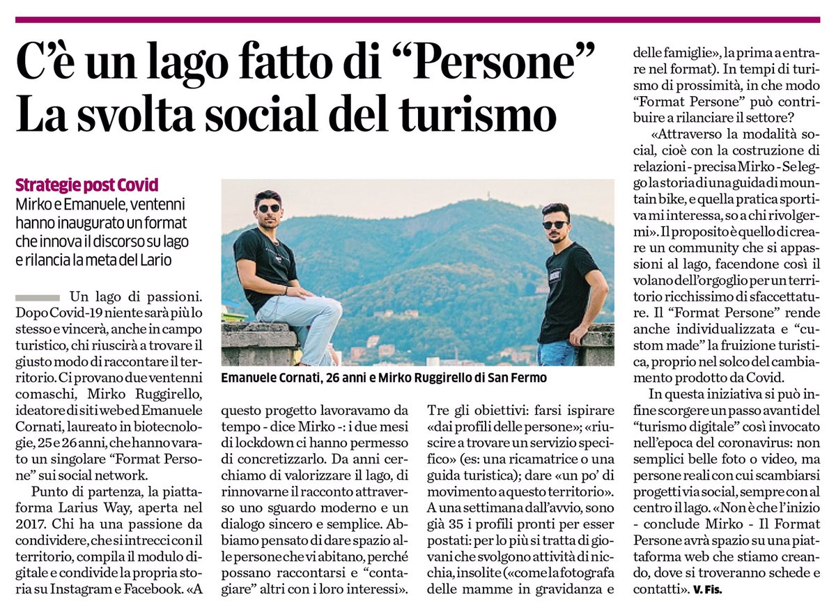 Oggi su <a href="/laprovinciadico/">La Provincia di Como</a>! Un grazie enorme a tutte le #Persone che stanno partecipando al progetto e ci stanno raccontando le loro passioni, i loro hobby è i loro lavori 💙

FORMAT PERSONE! 😊 
Info su lariusway.com
#COVID19 #coronavirus #quarantena #Turismo #lavoro