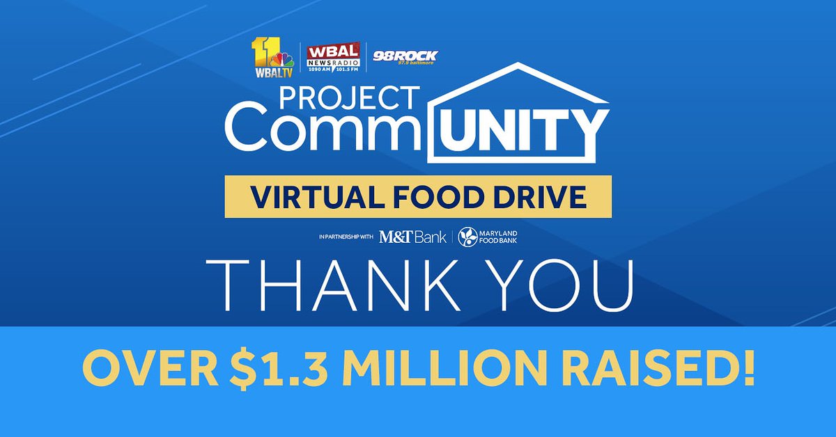 jerome_chester's tweet image. This will help many of our fellow Marylanders in need. 
Thanks to all who donated to our #ProjectCommUNITY #VirtualFoodDrive to benefit @MDFoodBank
@wbaltv11 
@wbalradio 
@98Rock 
@BankofAmerica 
@MandT_Bank