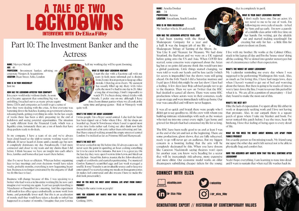 ElizaFilby's tweet photo. Read how the Investment Banker and the actress are experiencing #lockdown differently in Part X of my #taleoftwolockdowns. Amelia had her tour cancelled while Mervyn is now on 20 Zoom calls a day. Read their stories of eerie Soho, theatre’s future and sourdough and soufflé https://t.co/cOycEKtNl2