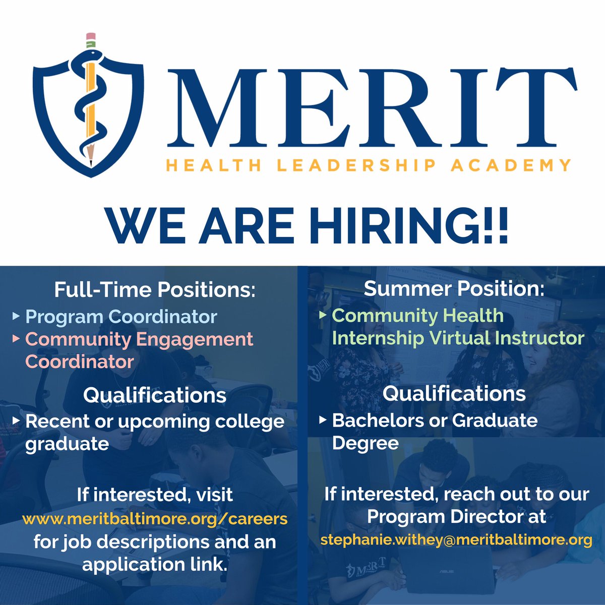 We are seeking Program and Community Engagement Coordinators for the next year and virtual Community Health Instructors for the summer!! Please share with anyone who would be interested in joining an amazing family ✨
#education #baltimore #hiring #healthequity #publichealth