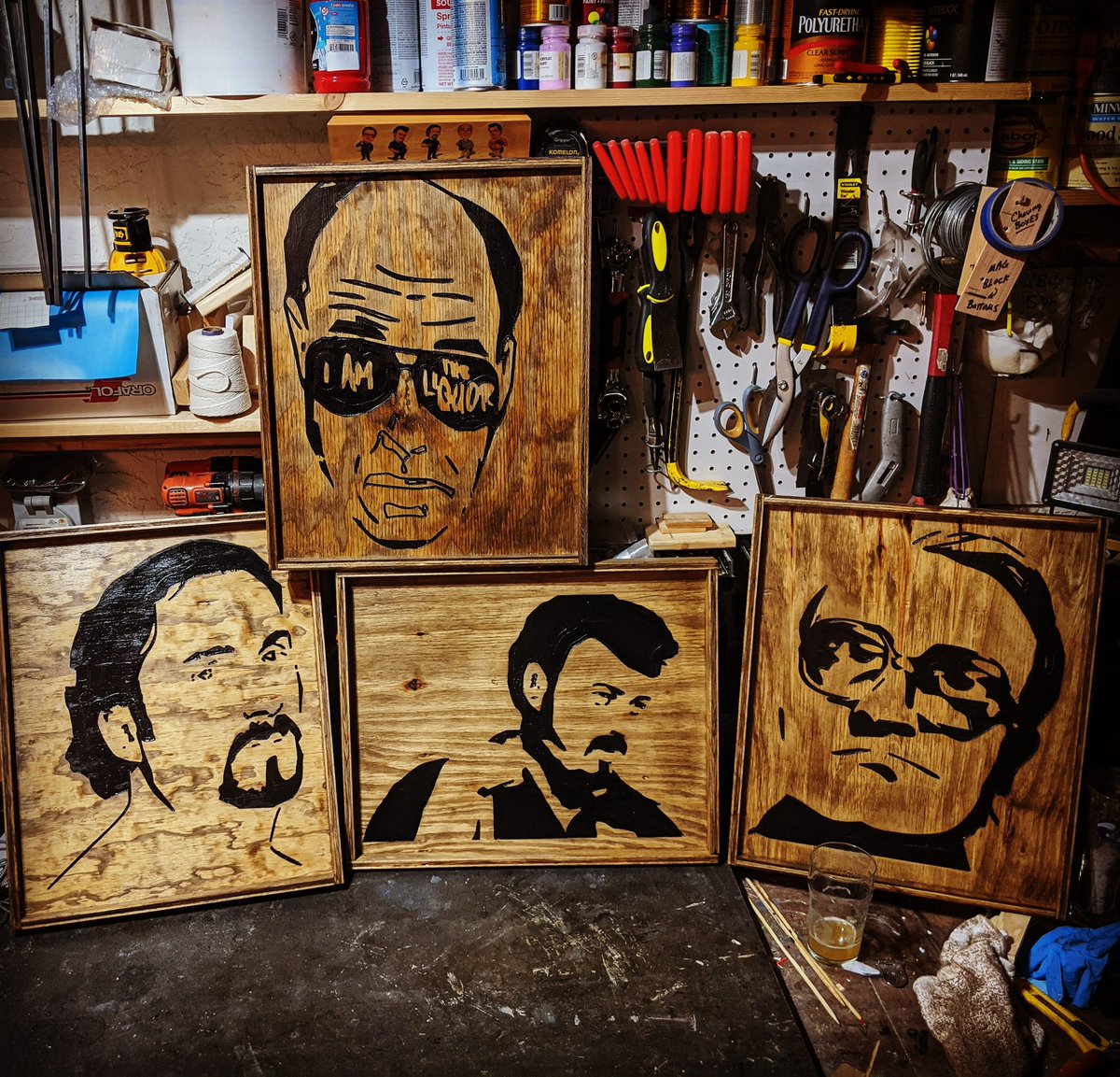 PCTapHandles's tweet photo. More plywood art, @trailerparkboys style!!  Each are roughly 17x21, carved by CNC, hand painted, sanded and stained. 

#ricky #julian #lahey #bubbles #sunnyvale https://t.co/W9MrI2aVzw