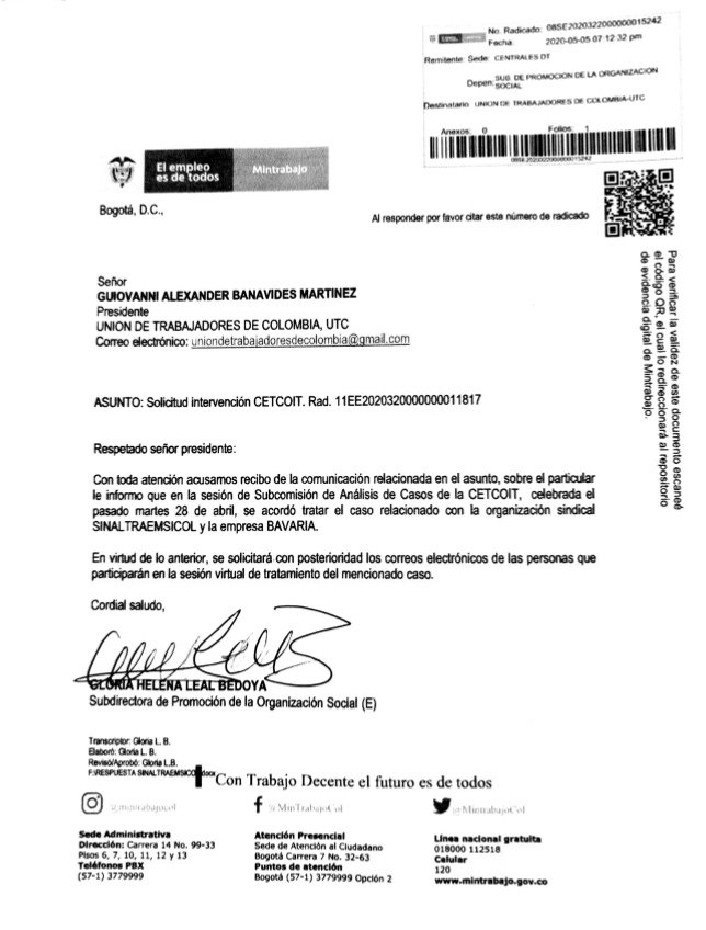 UTCinformaopina's tweet photo. . @sinaltraemsicol @BAVARIA_OFICIAL @MintrabajoCol @ilo @OITnoticias https://t.co/rKA4QAP9iT