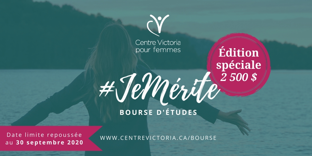 En raison de la pandémie et l’incertitude que vivent les étudiantes et les institutions postsecondaires, la date limite pour soumettre une demande pour la bourse #JeMérite est repoussée au 30 septembre 2020. 📅⌚⌛ Pour des détails ou pour faire demande 🡆 centrevictoria.ca/bourse