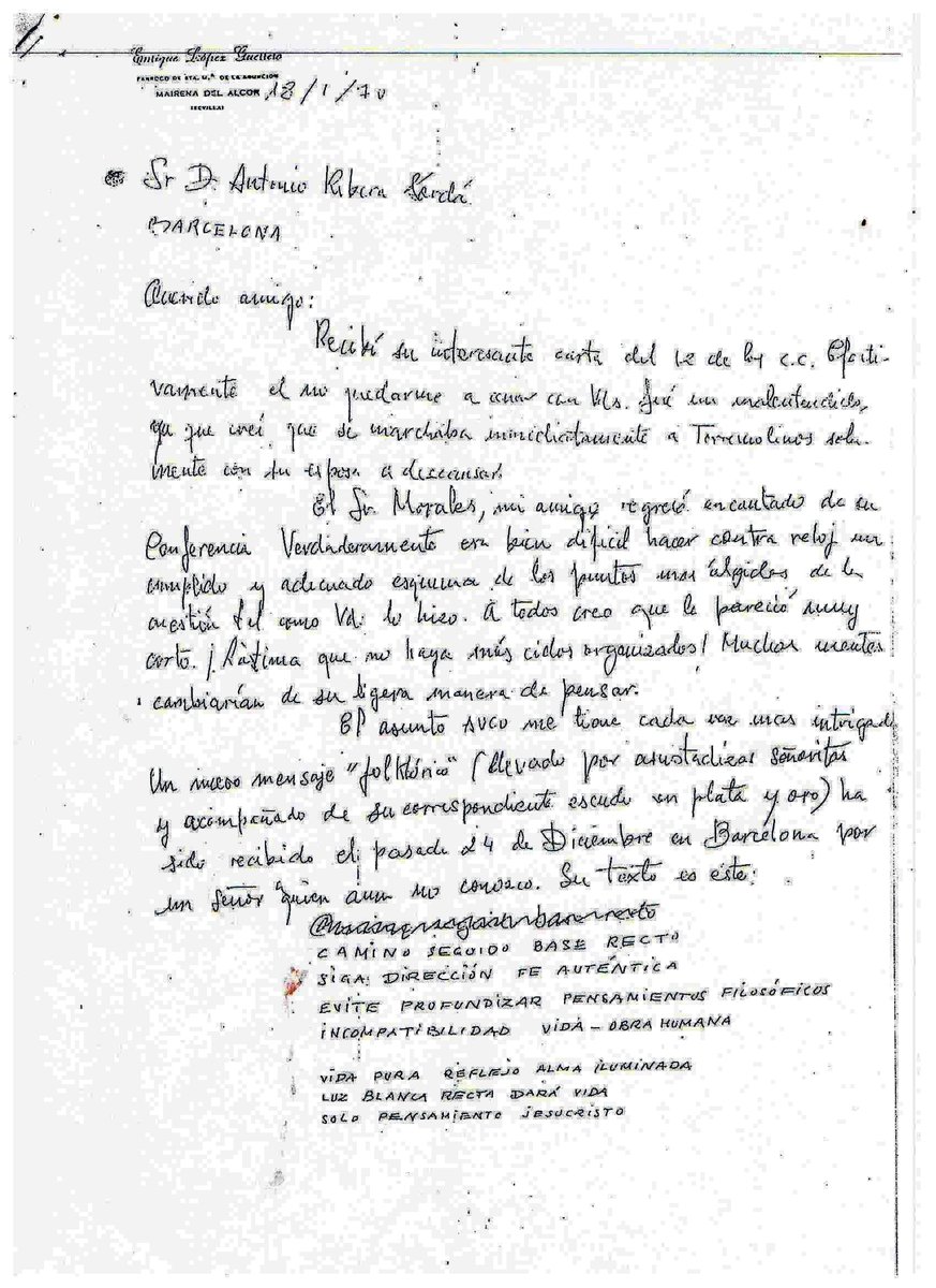 GemaLozan's tweet image. Documento inédito: Carta del Padre Enrique López Guerrero a Antonio Ribera fechada el 18/01/1970 sobre el nuevo mensaje de Saliano recibido el 24 de Diciembre de 1969