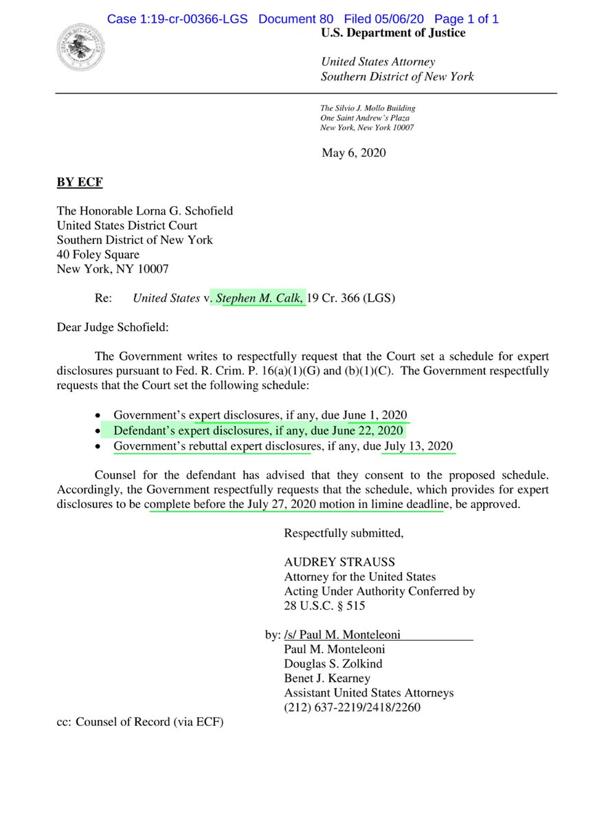 Parties tentatively agree to the proposed schedule;“....proposed schedule for expert disclosures pursuant to Fed. R. Crim. P. 16(a)(1)(G) and (b)(1)(C)...” https://ecf.nysd.uscourts.gov/doc1/127026841364?caseid=516086