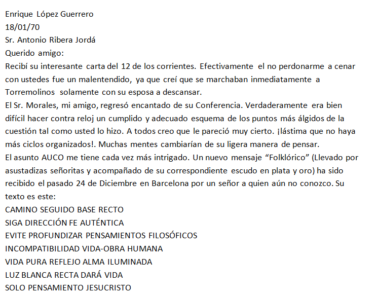 GemaLozan's tweet image. Documento inédito: Carta del Padre Enrique López Guerrero a Antonio Ribera fechada el 18/01/1970 sobre el nuevo mensaje de Saliano recibido el 24 de Diciembre de 1969