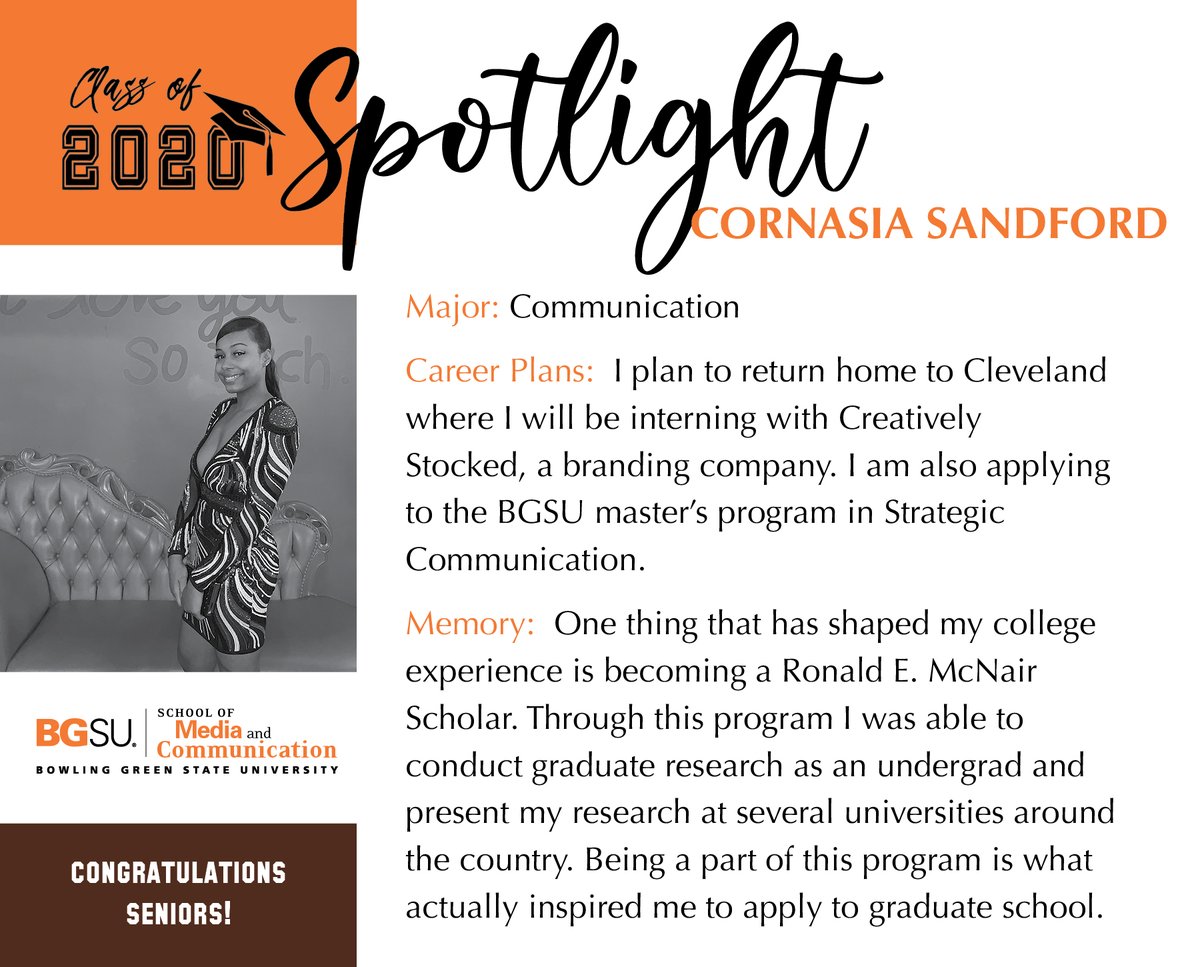 SMCBGSU's tweet photo. #BGSUSMC #GraduateSpotlight Cornasia Sandford, "One thing that has shaped my college experience is becoming a Ronald E. McNair Scholar. Through this program I was able to present my research at several universities around the country." Congratulations, Cornasia! https://t.co/nLieasqrql