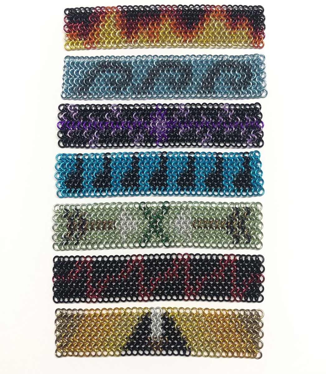 rpg_Em_'s tweet photo. Halfway done the prototypes for my “Class Cuff Collection” 
Wizard -Wall of Fire 
Monk-Step of the Wind
Warlock-Eldritch Blast 
Bard-Bardic Inspiration 
Ranger-Hunters Mark 
Barbarian-Rage 
Paladin-Divine Smite 
Do you have a favourite? #chainmaille #dnd #rpg https://t.co/cxdrw9iABu
