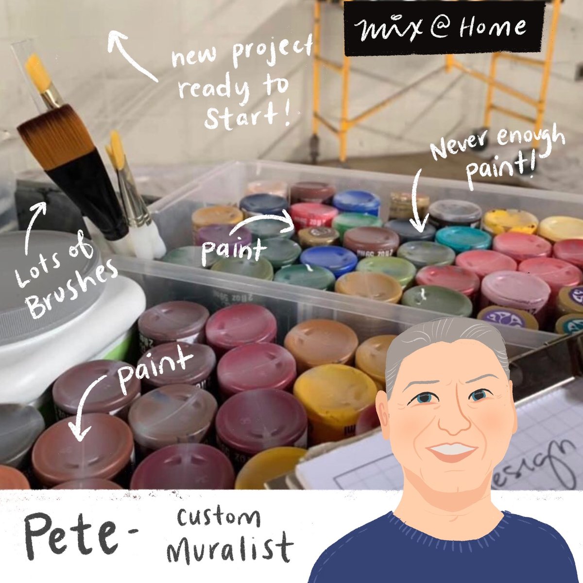 mixdesigninc's tweet photo. Next up in our #MixAtHome series is our Custom Muralist Pete! Pete has all of the best art supplies handy and paint...lots of paint! 
⁠
Come back every day to see more mix team member’s work from home spaces! #mixdesign #brandtastic #bringittolife #bringittolifefromhome https://t.co/DWyvUPj23f