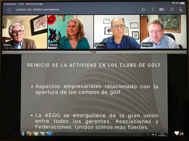 MyGolfWay's tweet photo. Todo el sector del #golf español, pendiente de la confirmación de Ministerio @sanidadgob y @boegob, trámite previo a la reapertura de los campos el lunes 11-Mayo, desde el debate online de @CampusdelCesped con @rfegolf @AECG_es @AEGGOLF @aegreenkeepers ⛳️ https://t.co/eQJWk0xC87 https://t.co/FJOmf8OvuM