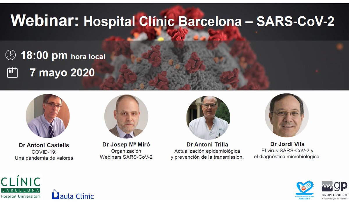 A partir de mañana, y cada jueves del mes de mayo, profesionales del <a href="/hospitalclinic/">Hospital Clínic</a> compartirán conocimientos y experiencia en el manejo de la #COVID19 en los “Webinars de los jueves HOSPITAL CLÍNIC BARCELONA #SARSCoV2” de #aulaclinic. 

Más información 👉clinicbarcelona.org/actividades/lo…