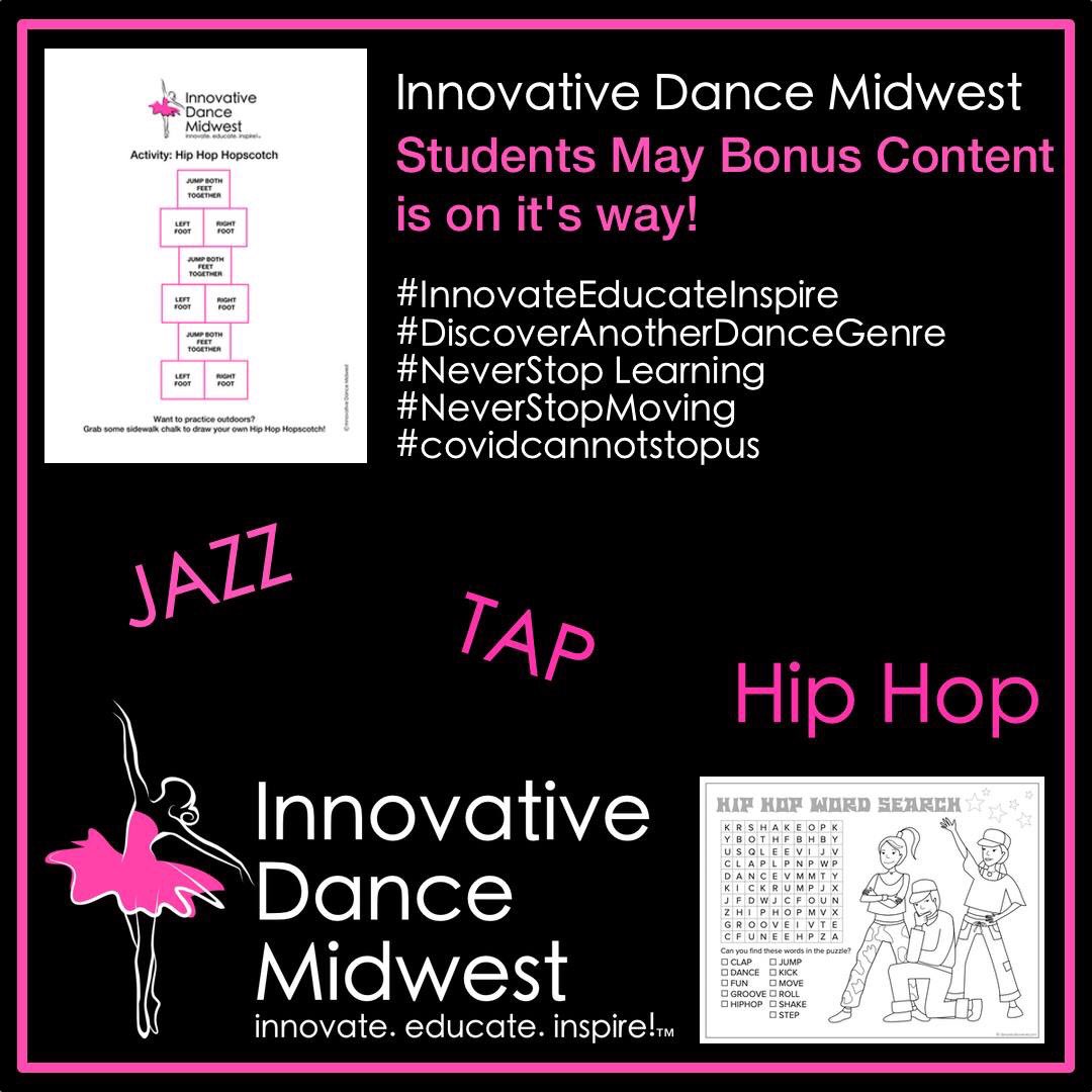 DanceInnovative's tweet photo. Attention: Innovative Dance Midwest Dance Families
Miss Jen is busy adding the May Bonus Content/Classroom work to all Class Pages. It's going to be a fun month exploring another dance genre outside your regular class schedule!
#InnovateEducateInspire #DiscoverAnotherDanceGenre https://t.co/BOps6FWu6i