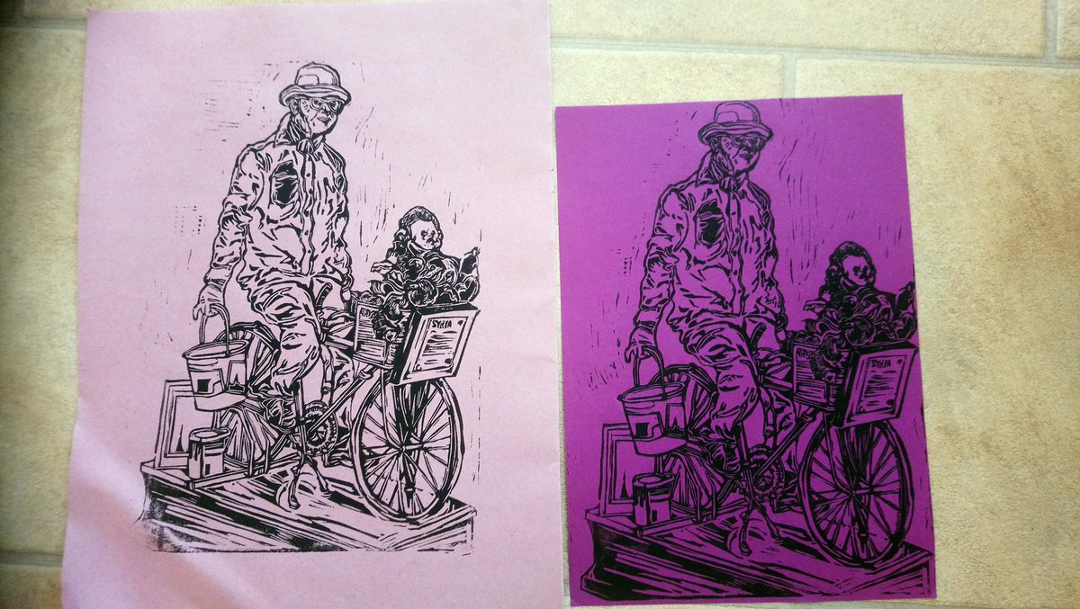 shaunaldo1's tweet photo. Had some scrap coloured #purple paper and printed the purple man lino on it. Printed using a wooden spoon. Not my best print but like the contrast on colored paper. One hell of an arm workout too! #linocut #printmaking #artontwitter #man #purple #bicycle #spoonprinting #oldprint https://t.co/0gtE2m8AKs