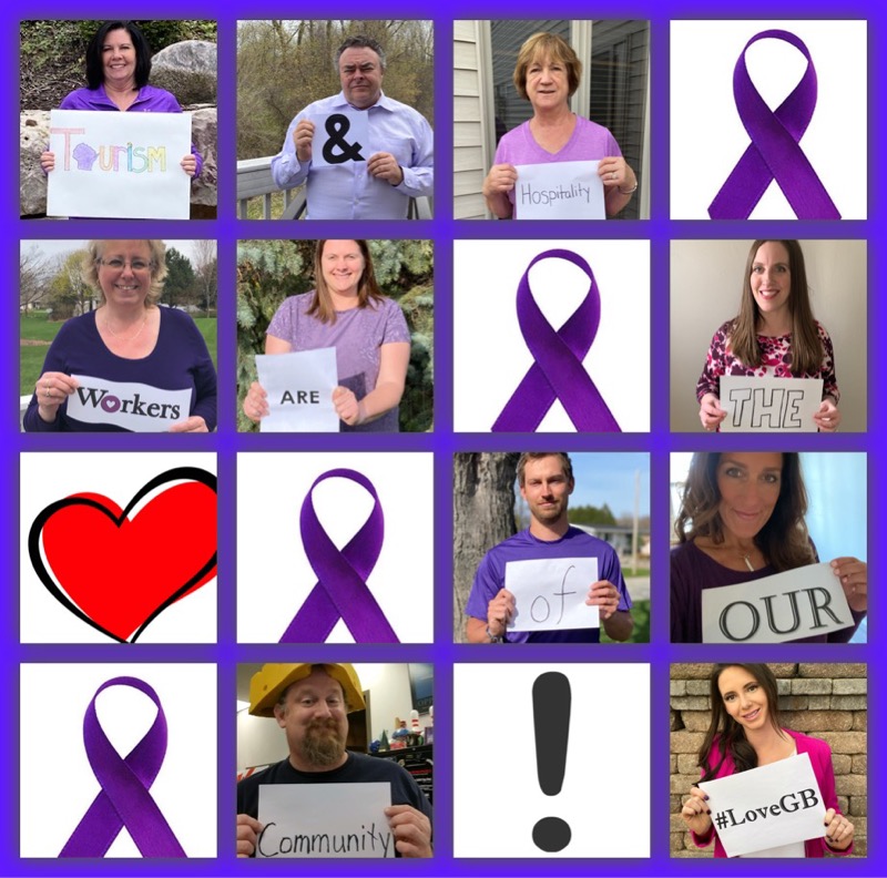 DiscoverGrnBay's tweet photo. The staff at @GreenBayVisit is going "Purple" today to honor Brown County hospitality. Tourism &amp; hospitality workers are the 💚 of our community! #LoveGB. The city will also be lighting the bridges in purple tonight as a symbol of our gratitude for all their hard work. #nttw20 https://t.co/LLMlVgL6aI