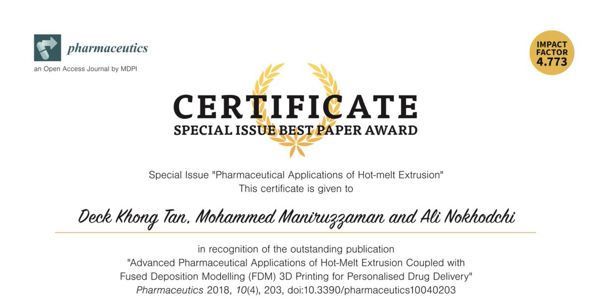 MoManiruzzaman's tweet photo. What a great news! Our paper on Advanced #HME applications &amp; #3Dprinting for personalised #drugdelivery has been selected for SI BEST PAPER award by @MDPIpharma So proud of you Deck from @SussexLifeSci! #PharmE3D #MPDD @UTexasPharmacy @UTAustin https://t.co/V3ILZ8JoVA