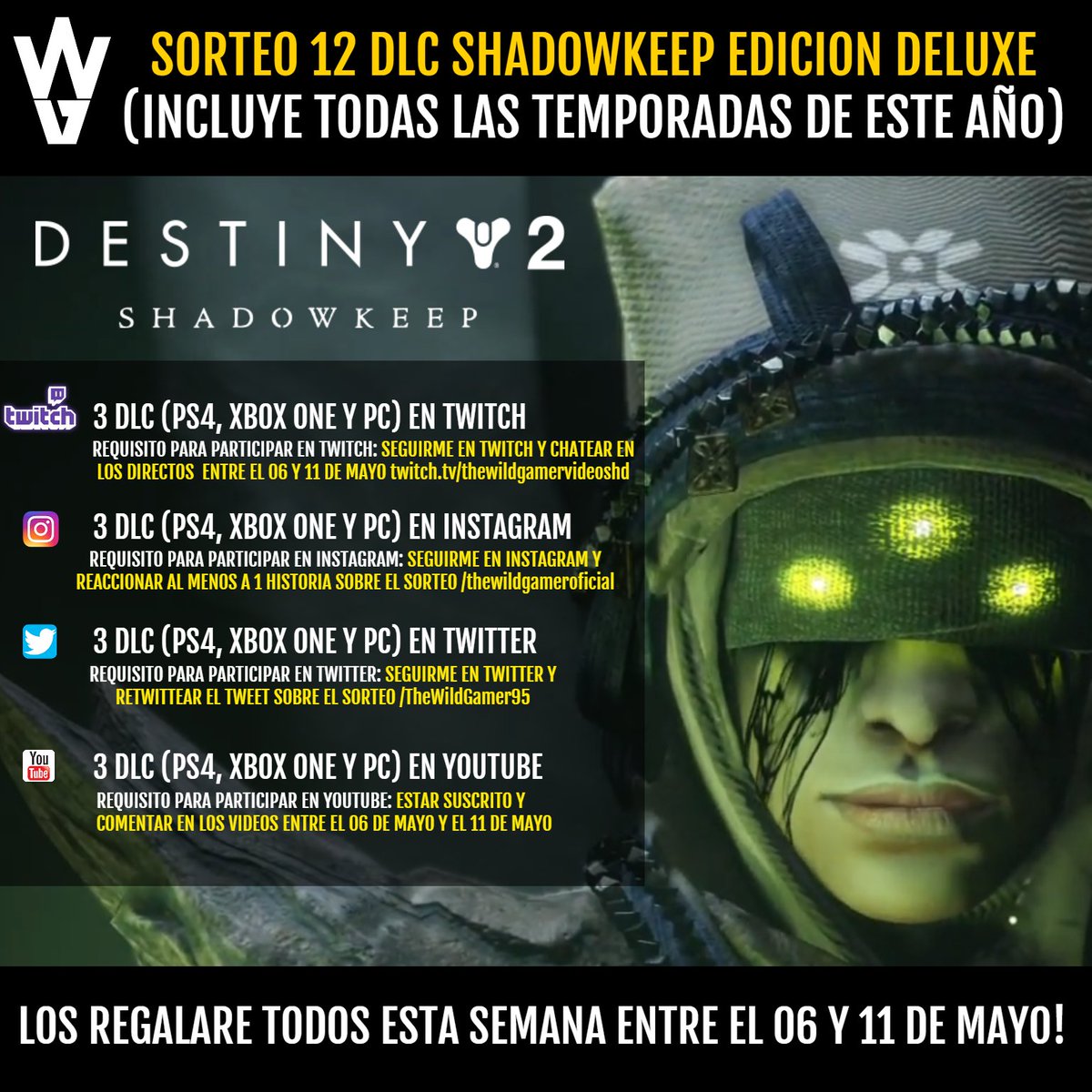 TheWildGamer95's tweet photo. SORTEO 12 DLCS SHADOWKEEP EDICIÓN DELUXE!!🎁
(Incluye las Temporadas)

PARTICIPA e igual te llevas 1 DLC DELUXE!!

Si ya lo tienes PARTICIPA para conseguirle uno a tu colega!!

Si ya lo tenéis PARTICIPA aunque sea para estar al tanto!!

Si ya cumples los requisitos un crack!!👌 https://t.co/DoPPlreA2m