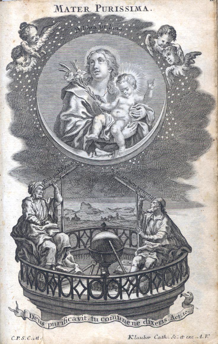 Mater purissima, ora pro nobis.Mother most pure, pray for us.In the image, the two astronomers gazing towards heaven, conclude:“Tota pulchra es, macula non est in te” (You are most beautiful and there is neither fault nor stain in you).