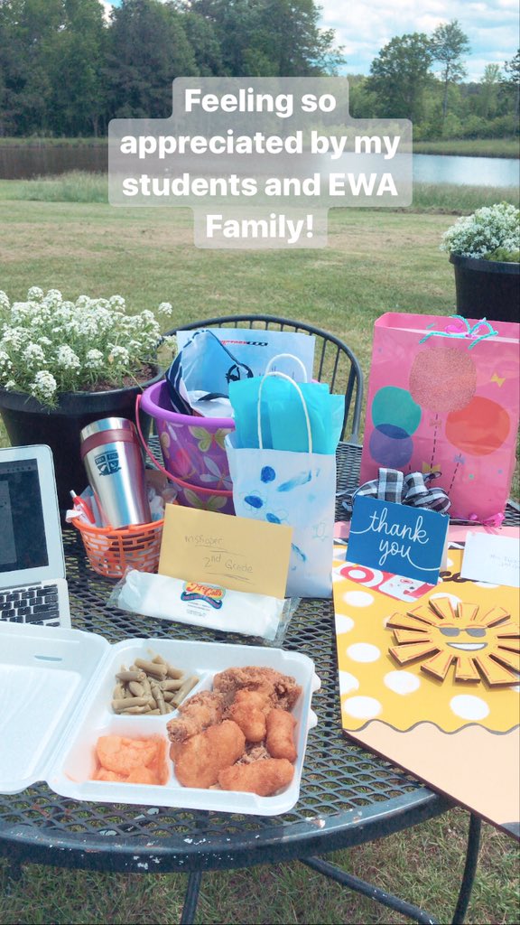 snuggledupin2nd's tweet photo. Truly blown away by the LOVE and SUPPORT my students and EWA Family has shown! Drive through lunch pick-up was AMAZING! Now eating with a beautiful view and looking through all the sweet gifts! #WeB4MeEWA #ALLinEWA #ThisIsK4EWA #TeacherAppreciationWeek https://t.co/bENEjuoE2P