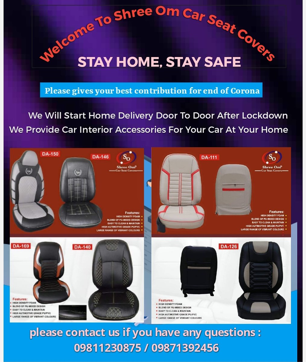 om_seat's tweet photo. Welcome  to Shree Om Car Seat Covers 

Please give us your WhatsApp  number Or any contact  so that we can contact to you to explain all details and prices.

Thanks &amp; Regards 

MR. SHIV KUMAR.........09811230875
MR.RAHUL....................09871392456 https://t.co/emhCv6bIeR