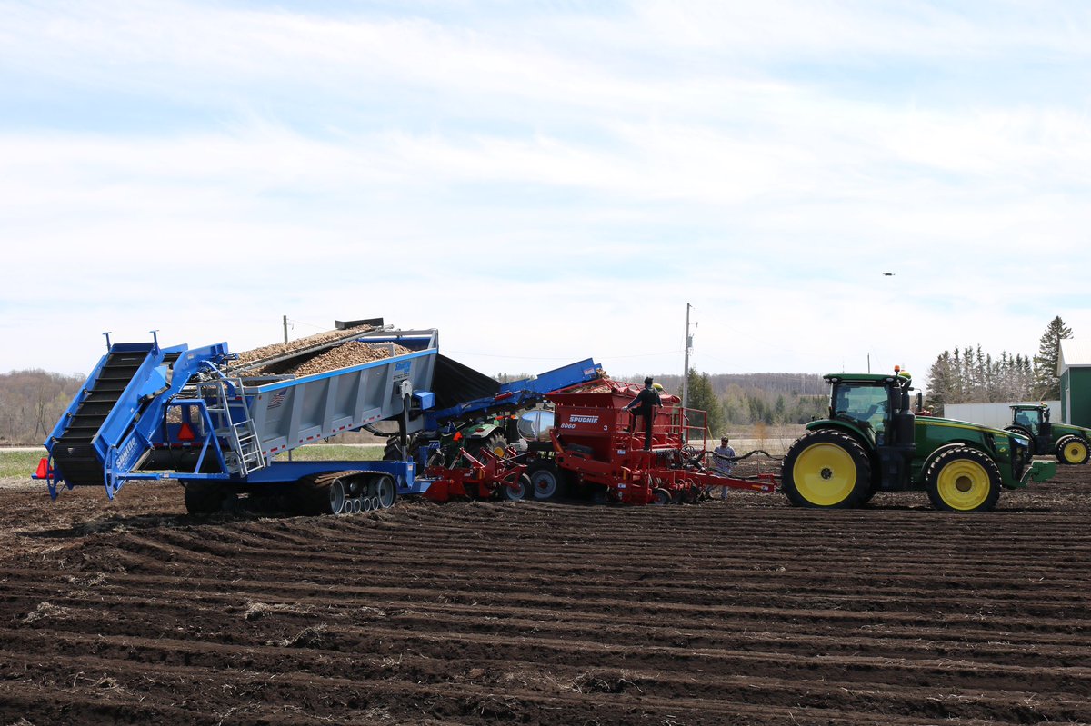 PaulUniverco's tweet photo. The @safeTpull built Crop Shuttle in Alliston, ON feeding 3 six row potato planters with seed at John Beattie Farms https://t.co/uUXjjxRbpk