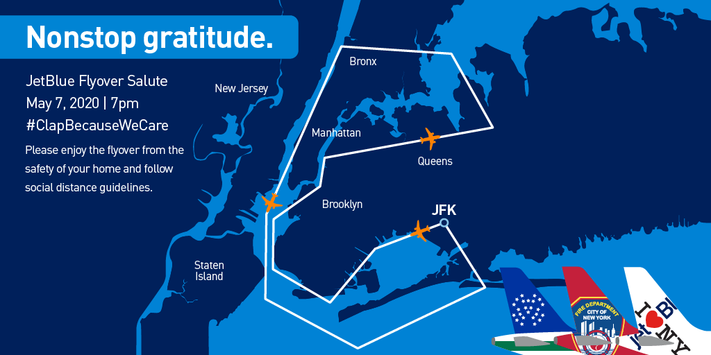 Tomorrow at 7pm, our special I ❤NY, NYPD and FDNY planes are joining NYC’s #ClapBecauseWeCare with a flyover salute for our hometown healthcare heroes and first responders. So, keep your eyes up, and keep a healthy distance from others while watching.
