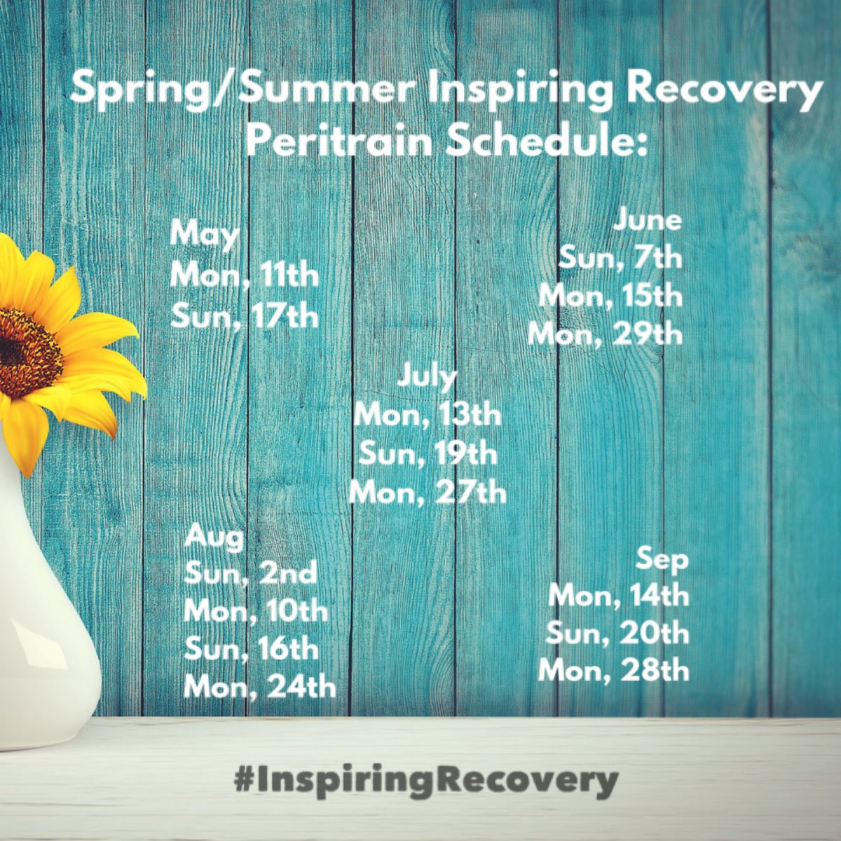inspire_recover's tweet photo. #Periscope #Peritrain schedule: 1 &3rd Sun, 2nd & 4th Mon.
If there is 5th week in month we take a break.
Other breaks:Father’s Day, Memorial Day, 4th of July wknd, Labor Day.
@ NoonPST/3pmEST
Signups posted in FB Group weekly.
#InspiringRecovery #recovery #healing https://t.co/KCliV4RT9m