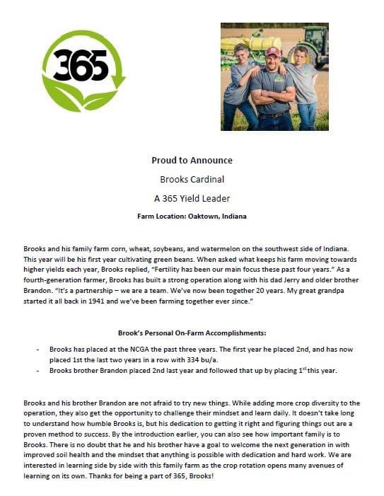 JasonSchley's tweet photo. 365 Yield Leader Team Announcement - Brooks Cardinal - 

We are excited to track the nutrient status of the soil and the plant week to week. Thank you for allowing us to share your tips with the 365 group. Follow the success of Brook's high yield crops with us in #365 - 2020! https://t.co/slBATaBc72