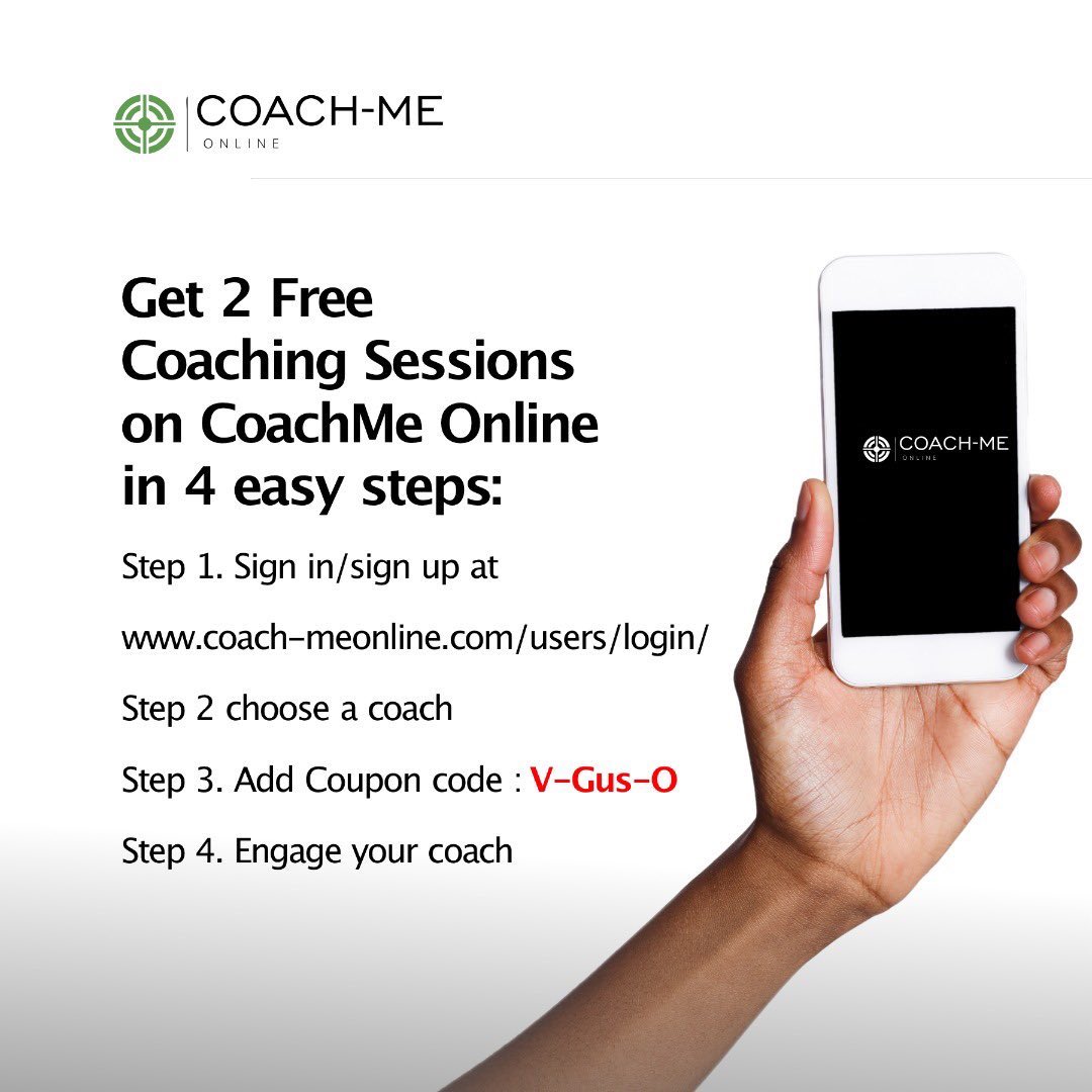 It’s #InternationalCoachingWeek! We’re still offering free #coaching on the #CoachmeOnline app from now till the 14th of May. See image on how to redeem your 2 free coaching sessions. Be sure to download the app from Google store for easy access.