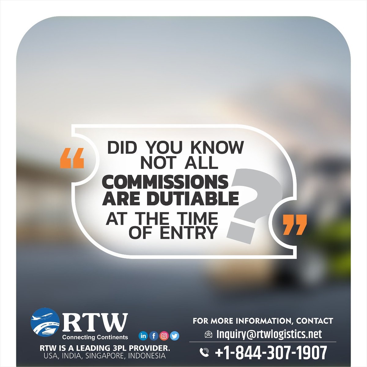 RtwLogistics's tweet photo. Did you know not all commissions are dutiable at the time of entry?
Contact us for more information -+1-844-307-1907
Visit - https://t.co/TbMK1FyRui
#RTW #customsbroking #customsbrokerage #logistics #3PL https://t.co/is1r1HecIV