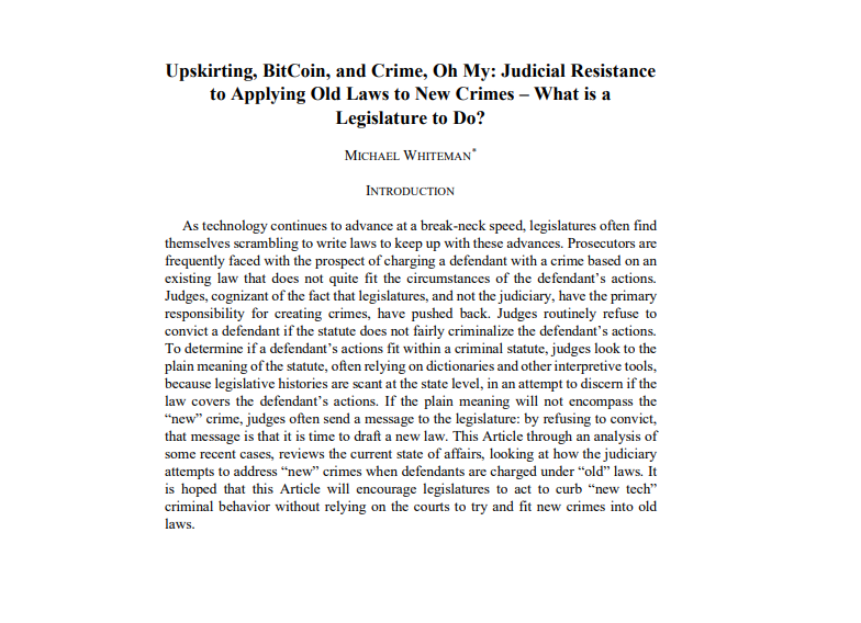 IndianaLJ's tweet photo. We're pleased to announce publishing our most recent article of Ind. L.J. Supp. Vol. 95: Upskirting, BitCoin, and Crime, Oh My: Judicial Resistance to Applying Old Laws to New Crimes- What is a Legislature to Do? by Michael Whiteman. Check it out: https://t.co/gQftMqsPoe #ILJ95 https://t.co/3vz5S2BtJ9