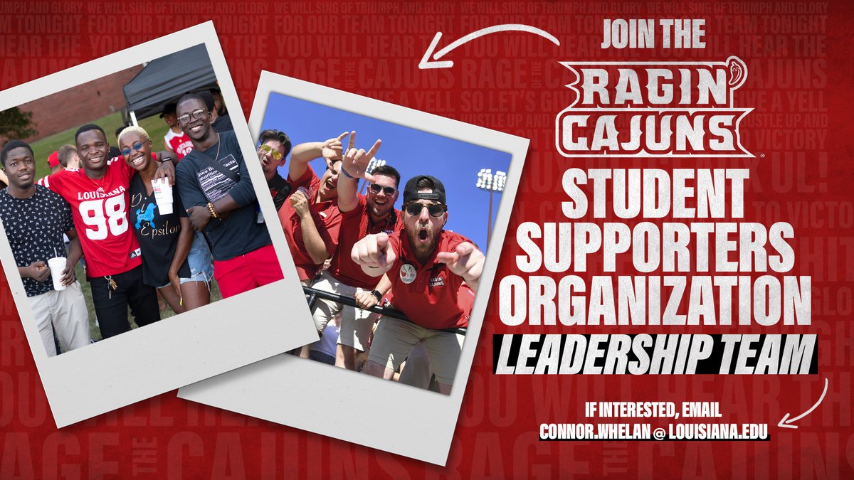 RaginCajunsSSO's tweet photo. Join the #cULture next year! 🤟 

Sign up now to learn more about how to become a member of the SSO leadership team! ⚜️

🔗: https://t.co/P6P29KGIyP https://t.co/YXiW5LkhLX