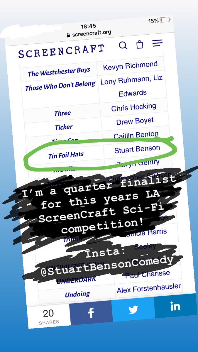 StuartBenson's tweet image. I’m in the @screencrafting quarter finals! #screencraft #scifi