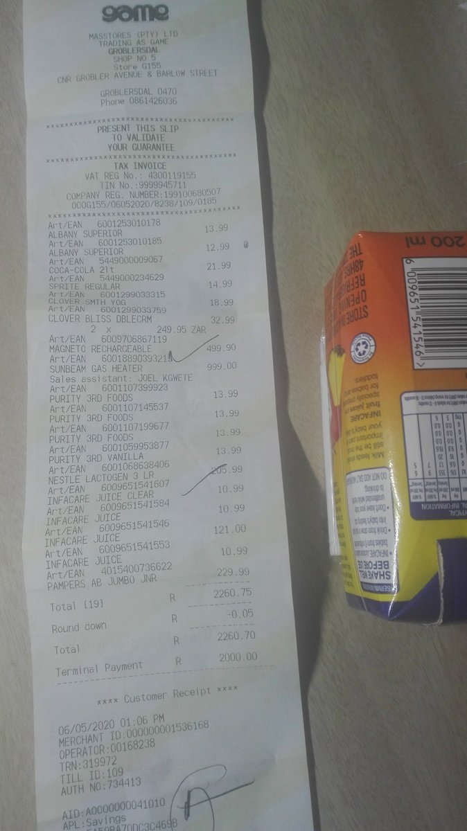 ThabiTheFirst's tweet photo. God knows why I decided to just double-check the Game till slip when I got home today!!, guys they sold me a kiddies juice box for R121.00!!! Please, @Game_Stores explain this to me?!?! https://t.co/klirXlyi1l