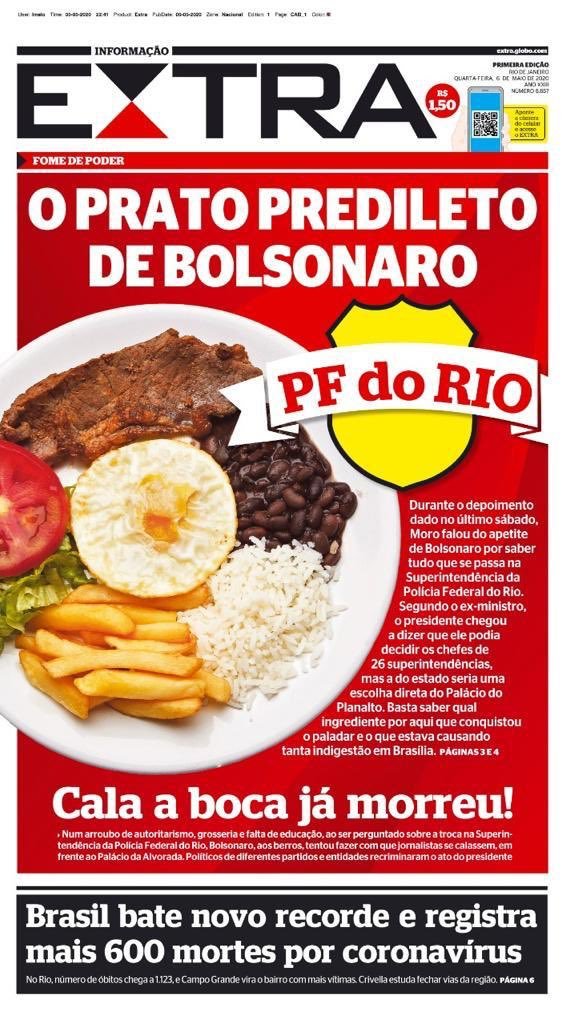 malumolinasp's tweet photo. Não é meme, é capa do @jornalextra com uma das principais bandeiras pelas quais o presidente tem lutado: interferir e definir o comando da PF do Rio. #FomeDePoder #ForaBolsonaro https://t.co/DjIAfSP9JW