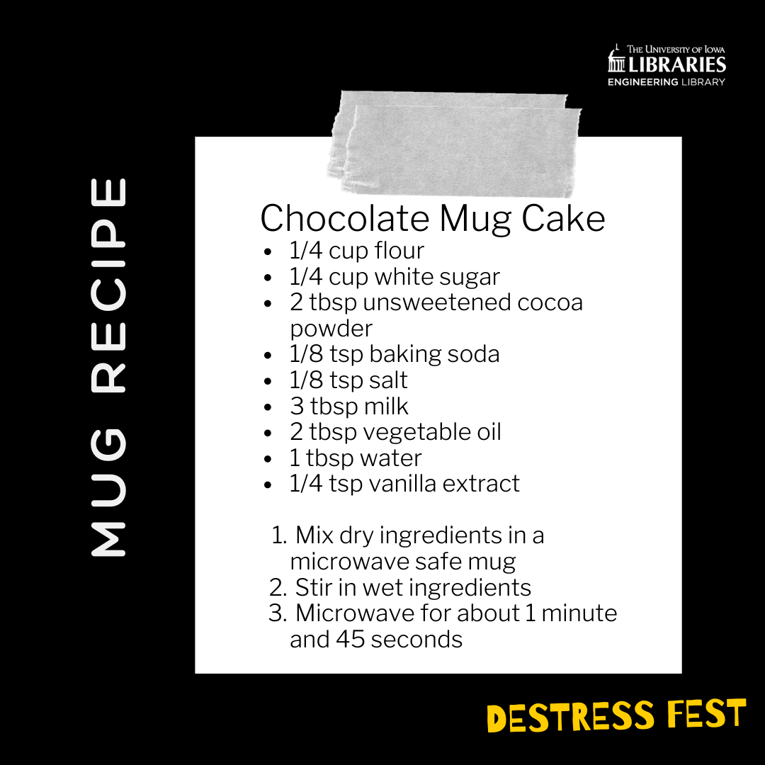 UIEngLib's tweet photo. What could be better than a Chocolate Mug Cake! Easy & so tasty! Give yourself a treat today - then go to our page & post a picture of your creation! The crazier the mugs - the better!! https://t.co/RZNHK2veDZ #DeStressFest #DailyMugCake @UIowaEngr #UiEngLib https://t.co/Nl7jZislhd