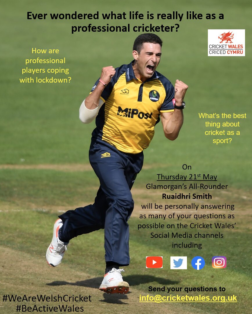 📣💥📣 General announcement: live Q &amp; A upcoming!! 📣💥📣

A spectacular #Cricket 🏏 #Wales 🏴󠁧󠁢󠁷󠁬󠁳󠁿 Production 🎥, featuring <a href="/RuaidhriSmith/">Ruaidhri Smith</a>... *&amp; your questions!!*  🤗 🤓 🎙

Send those questions in via the link - info@cricketwales.org.uk - &amp; eyes peeled 👀; much more to come...