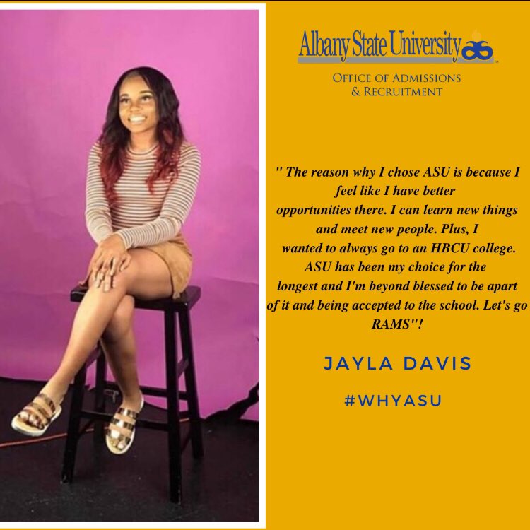ASURecruitment's tweet photo. We would like to congratulate Jayla Davis on her acceptance to Albany State University! 💛💙#NewRAM https://t.co/F5B2wYA4u8