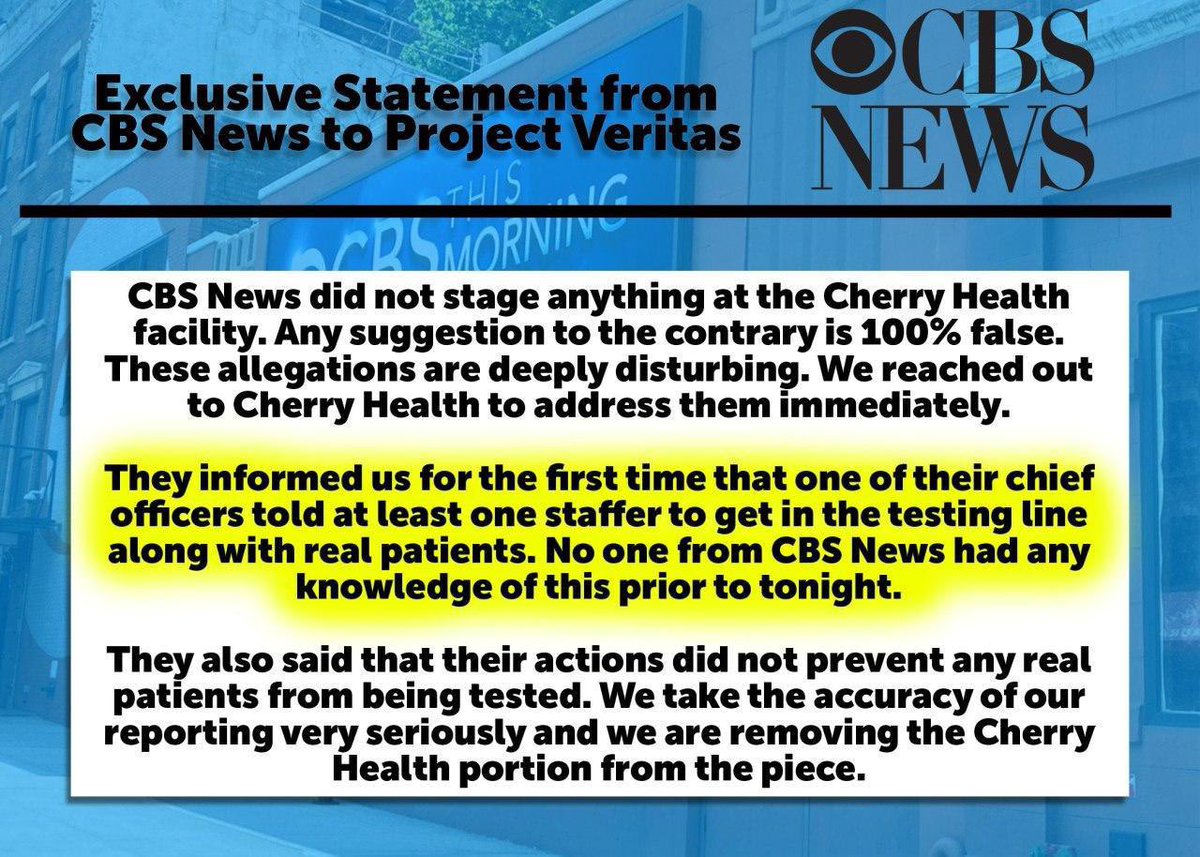 JamesOKeefeIII's tweet photo. These are the statements we’ve been given from President of CBS and the Cherry Health CEO. 

CBS HAS TAKEN DOWN THEIR BROADCAST... @GovWhitmer 

@brianstelter @HowardKurtz @ChrisCuomo @benyt @Deggans @jaketapper @TimAlberta @andersoncooper @davidfolkenflik @BretBaier @onthemedia https://t.co/nQXLfrMdgA