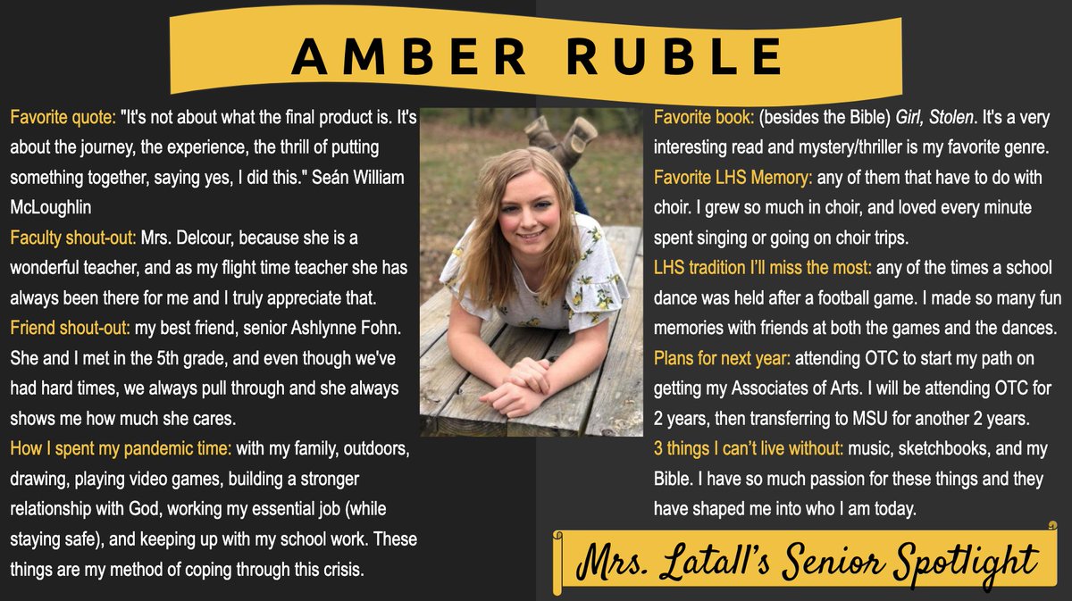 LauraLatall's tweet photo. #seniorspotlight time! Here's to Amber Ruble, Class of 2020. Amber is a talented artist who just finished #LHSU! I'm so grateful I got to have her in class! @KevinGLowery @LebanonR3 @LebanoStuCo @blmorris16 @LebanonHSChoirs @JacketsLibrary @PBIS_Aplus https://t.co/sIYRoUN289