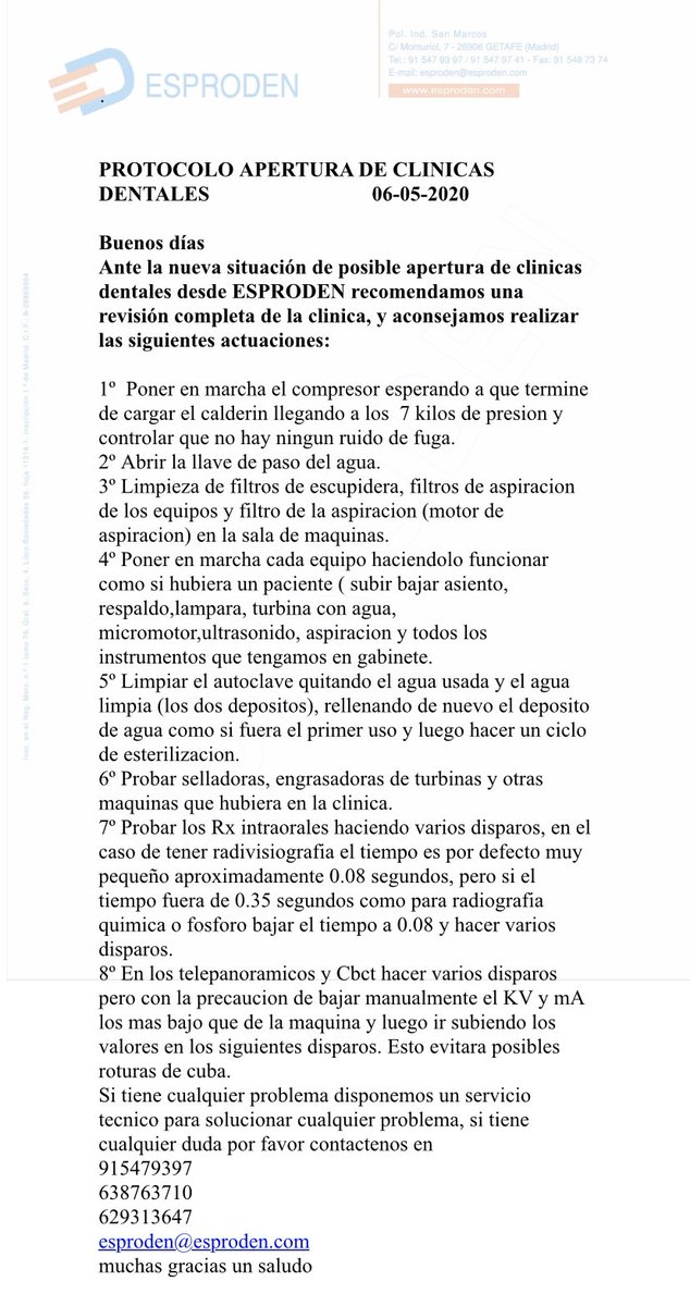 EsprodenSL's tweet photo. PROTOCOLO APERTURA DE CLÍNICAS DENTALES 

#esproden #clinicasdentales #dentista #protocoloapertura #covid_19 #clinicadental #compresor #aspiracion #telepanoramico #panoramico #autoclave #RX https://t.co/KJF1drOBLF