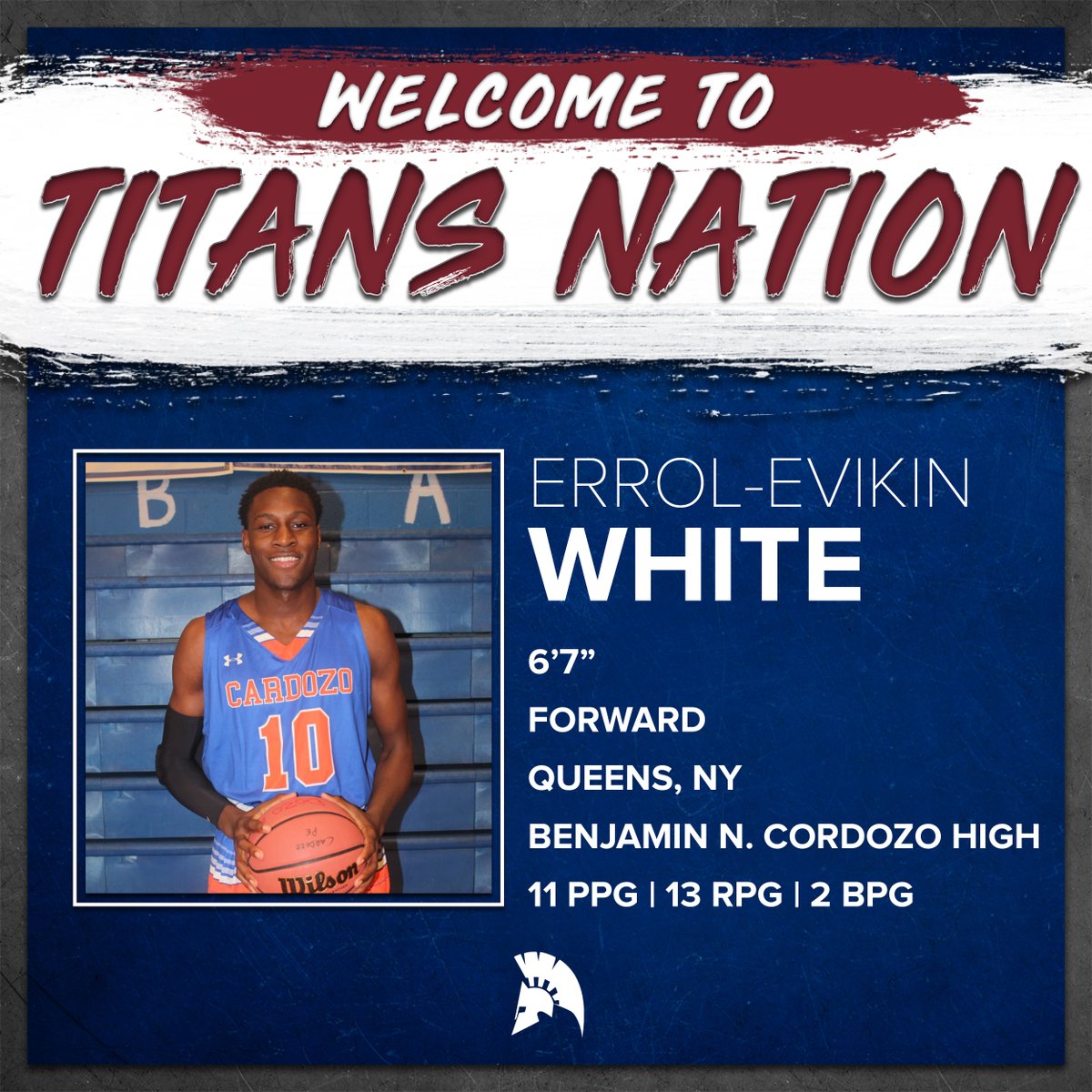 CGTCAthletics's tweet photo. 🚨Signing Alert🚨
Errol-Evikin White from Benjamin N. Cardozo High is ready to hit the hardwood this winter as part of the 2020 MBB signing class! Welcome to #TitansNation!
#KeepStriking
#OneMoreToFour🏆 https://t.co/mp7PiFwZlp
