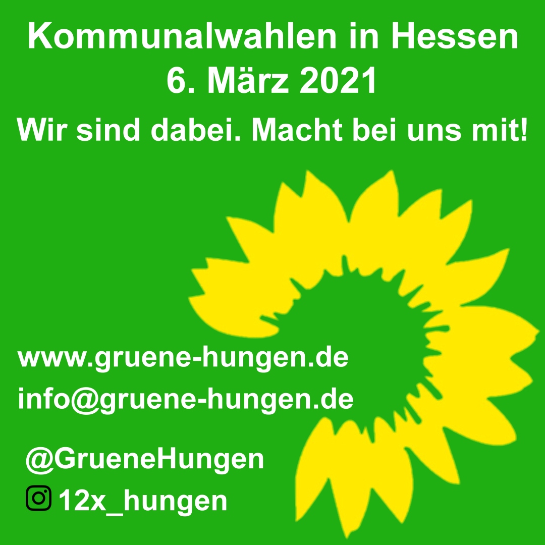 Am 6. März 2021 - heute in 10 Monaten - sind Kommunalwahlen in Hessen. Die Grünen in #Hungen werden natürlich dabei sein. Macht bei uns mit! Meldet euch!
#KWHE21 #DieGrünen #Hessen