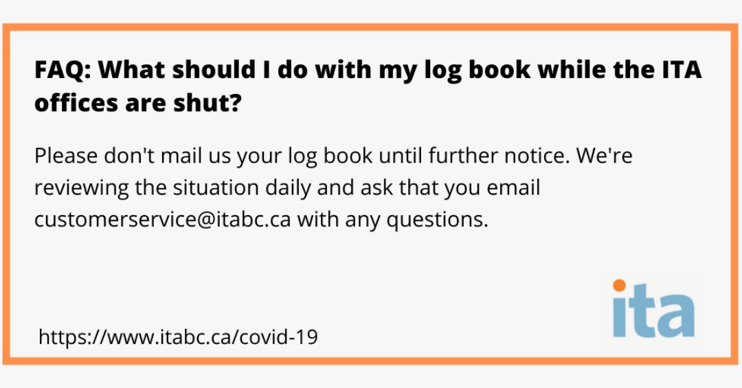 WorkBCAS's tweet photo. #ITABC FAQ:
What should I do with my log book while the ITA offices are shut?
Have the Certificate of Qualification exams been waived?
Check COVID-19 Q&A for ITA Customers to find out answers: https://t.co/rqJub74oIw
#tagafriend #itabc @ita_vancouver @ita_bc https://t.co/JL68KCBq3E