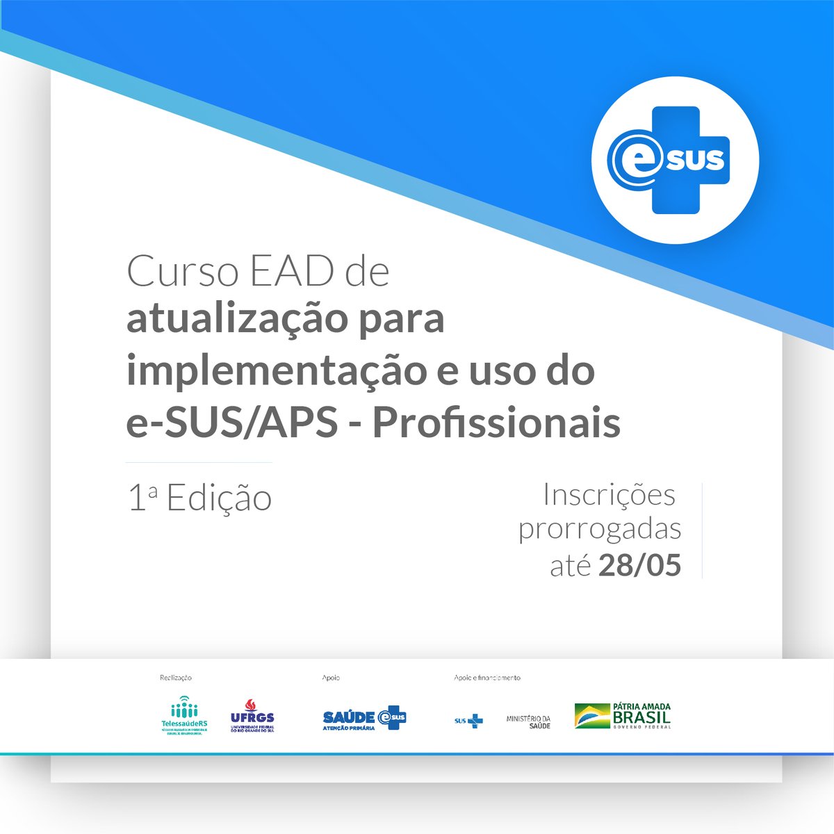 TelessaudeRS's tweet photo. Inscrições prorrogadas tanto para profissionais de saúde quanto de TIC nos cursos de atualização e implementação do e-SUS/APS. Para se inscrever, basta seguir o passo a passo: https://t.co/dGrNiLUkKJ
#e_SUS #teleducação #EAD https://t.co/JspX8q0xKz