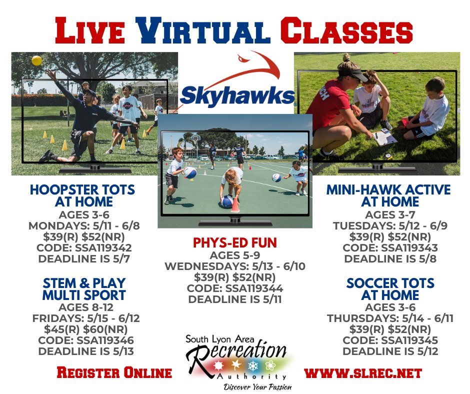 Let's get physical in a weekly virtual class with <a href="/SkyhawksSports/">Skyhawks Sports Academy</a>! We are partnering with them so that your child can still be active at home, have fun with virtual classes and learn some new skills! Go online to slrec.net to register today!