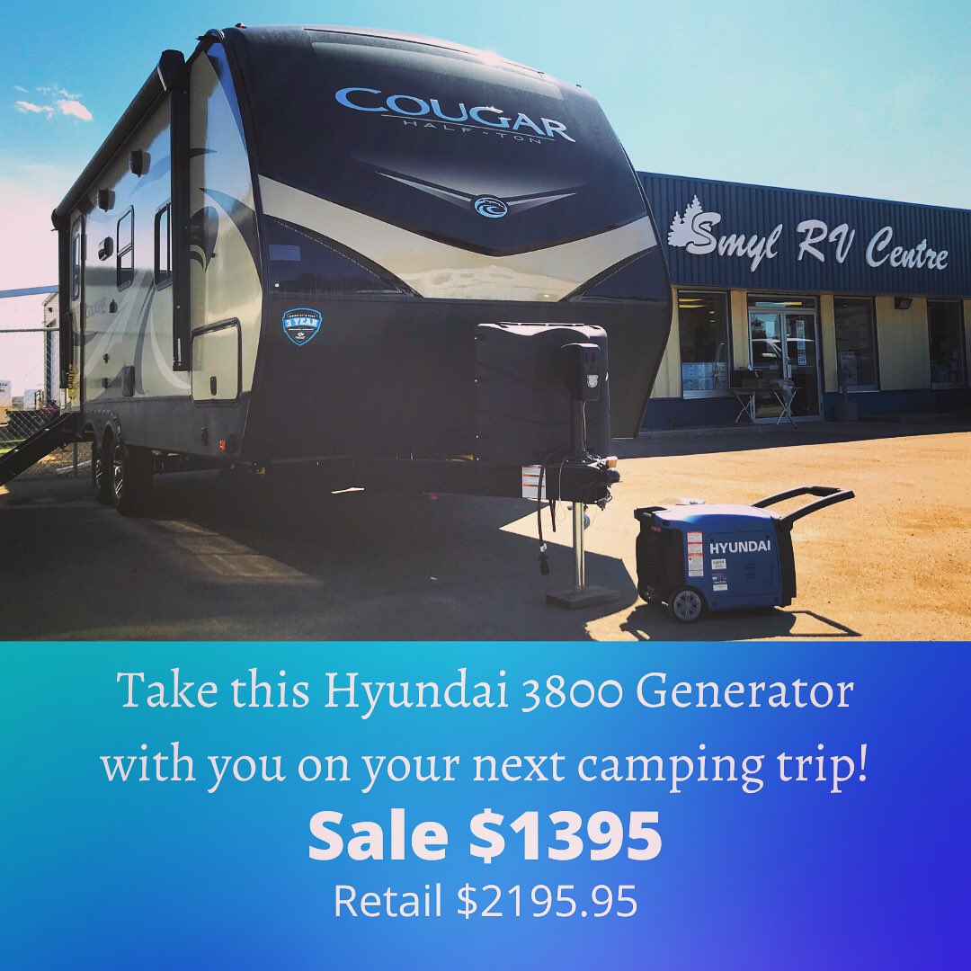 SmylRV's tweet photo. Take this Hyundai 3800 generator on your next camping trip! This generator is remote start. We have them on sale for $1395. Call us at 780-645-3035 to get one of these generators! #campinglife #rvparts #gettingthecamperready #sunnyweather #smylrv #stpaulalberta https://t.co/CJCwu7SNyB